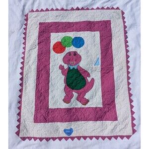 Vintage Handmade Barney the Dinosaur Baby Quilt Blanket Colorful Balloons 43"x54
